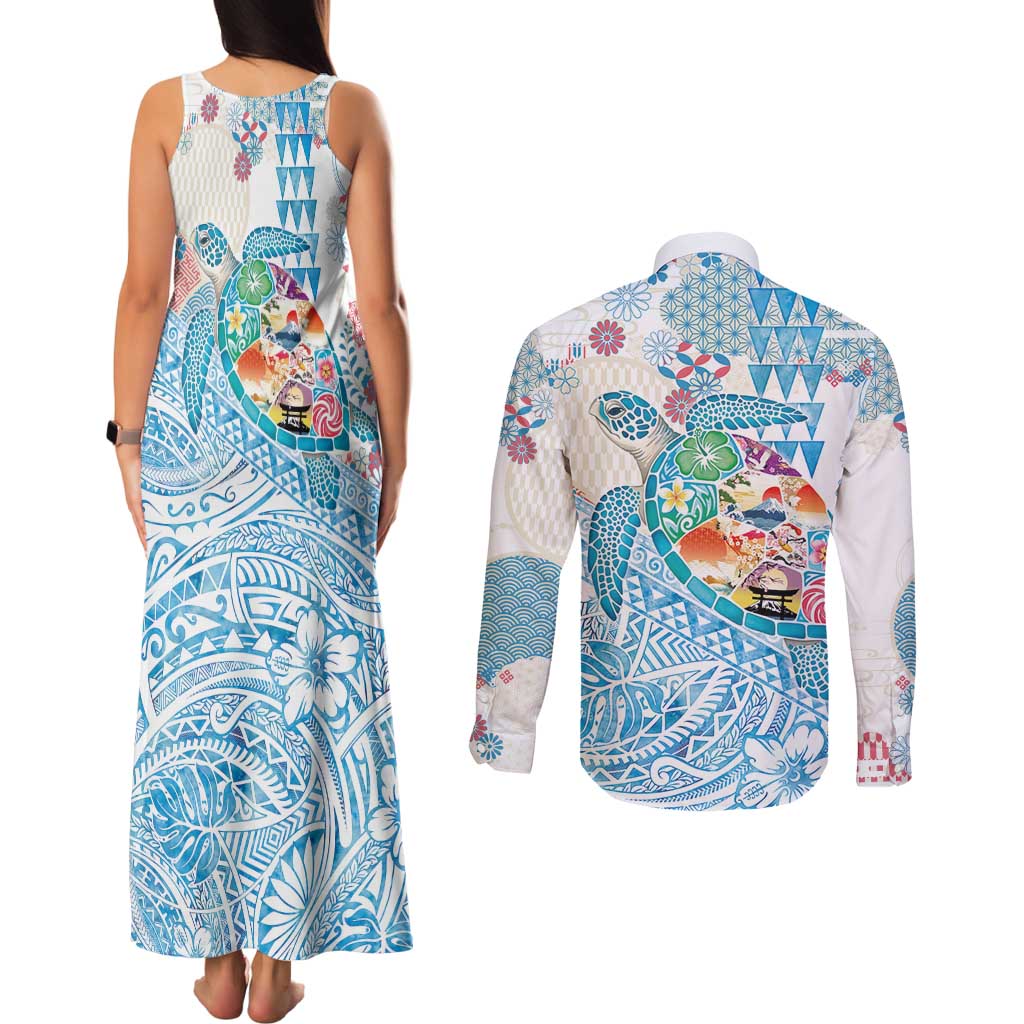 Hawaiian and Japanese Culture Together Couples Matching Tank Maxi Dress and Long Sleeve Button Shirt Tropical Honu with Japanese Elements Blue Color LT03 - Polynesian Pride