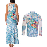 Hawaiian and Japanese Culture Together Couples Matching Tank Maxi Dress and Long Sleeve Button Shirt Tropical Honu with Japanese Elements Blue Color LT03 - Polynesian Pride