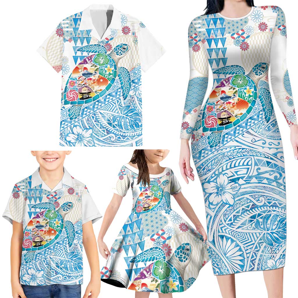 Hawaiian and Japanese Culture Together Family Matching Long Sleeve Bodycon Dress and Hawaiian Shirt Tropical Honu with Japanese Elements Blue Color LT03 - Polynesian Pride