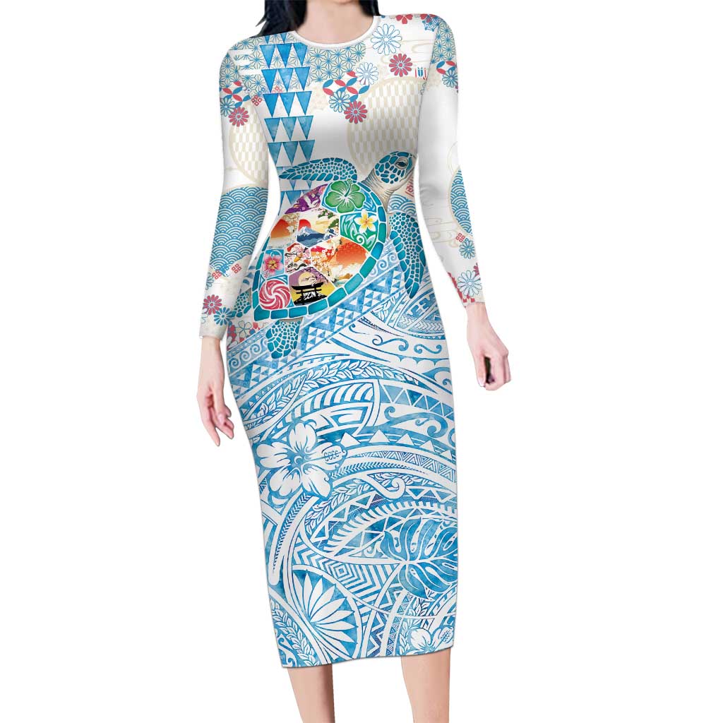 Hawaiian and Japanese Culture Together Family Matching Long Sleeve Bodycon Dress and Hawaiian Shirt Tropical Honu with Japanese Elements Blue Color LT03 Mom's Dress Blue - Polynesian Pride