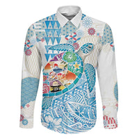 Hawaiian and Japanese Culture Together Family Matching Mermaid Dress and Hawaiian Shirt Tropical Honu with Japanese Elements Blue Color LT03 Dad's Shirt - Long Sleeve Blue - Polynesian Pride