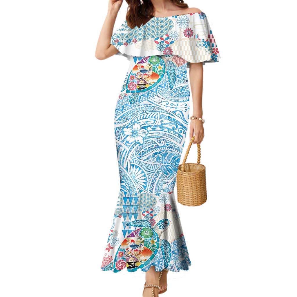 Hawaiian and Japanese Culture Together Family Matching Mermaid Dress and Hawaiian Shirt Tropical Honu with Japanese Elements Blue Color LT03 Mom's Dress Blue - Polynesian Pride