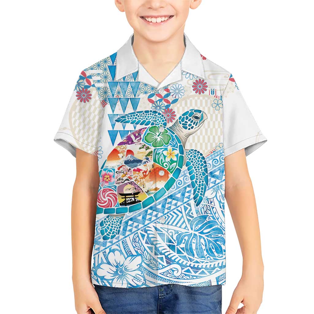 Hawaiian and Japanese Culture Together Family Matching Mermaid Dress and Hawaiian Shirt Tropical Honu with Japanese Elements Blue Color LT03 Son's Shirt Blue - Polynesian Pride