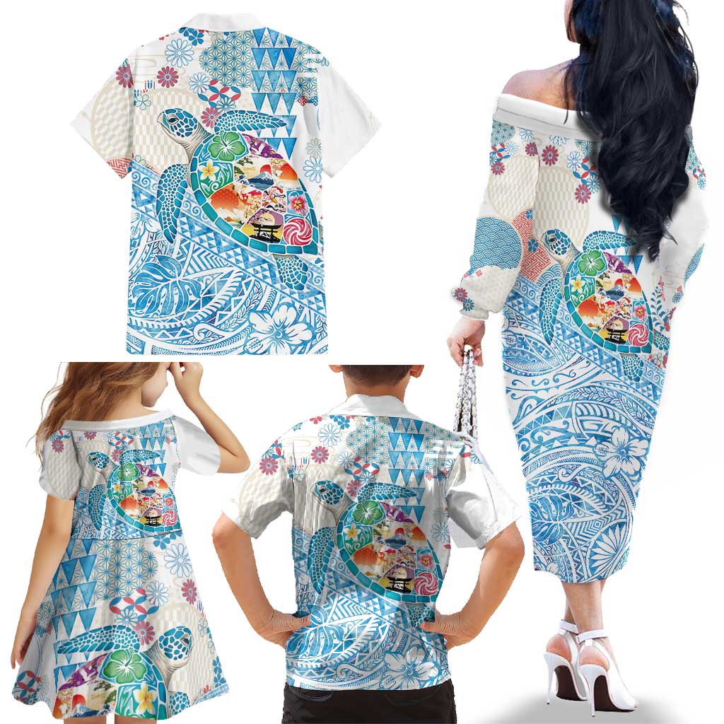 Hawaiian and Japanese Culture Together Family Matching Off The Shoulder Long Sleeve Dress and Hawaiian Shirt Tropical Honu with Japanese Elements Blue Color LT03 - Polynesian Pride