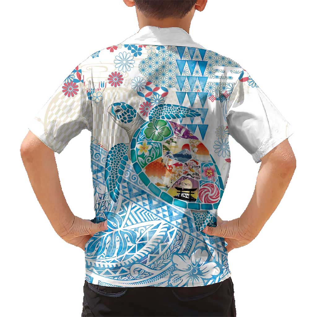 Hawaiian and Japanese Culture Together Family Matching Off Shoulder Maxi Dress and Hawaiian Shirt Tropical Honu with Japanese Elements Blue Color LT03 - Polynesian Pride