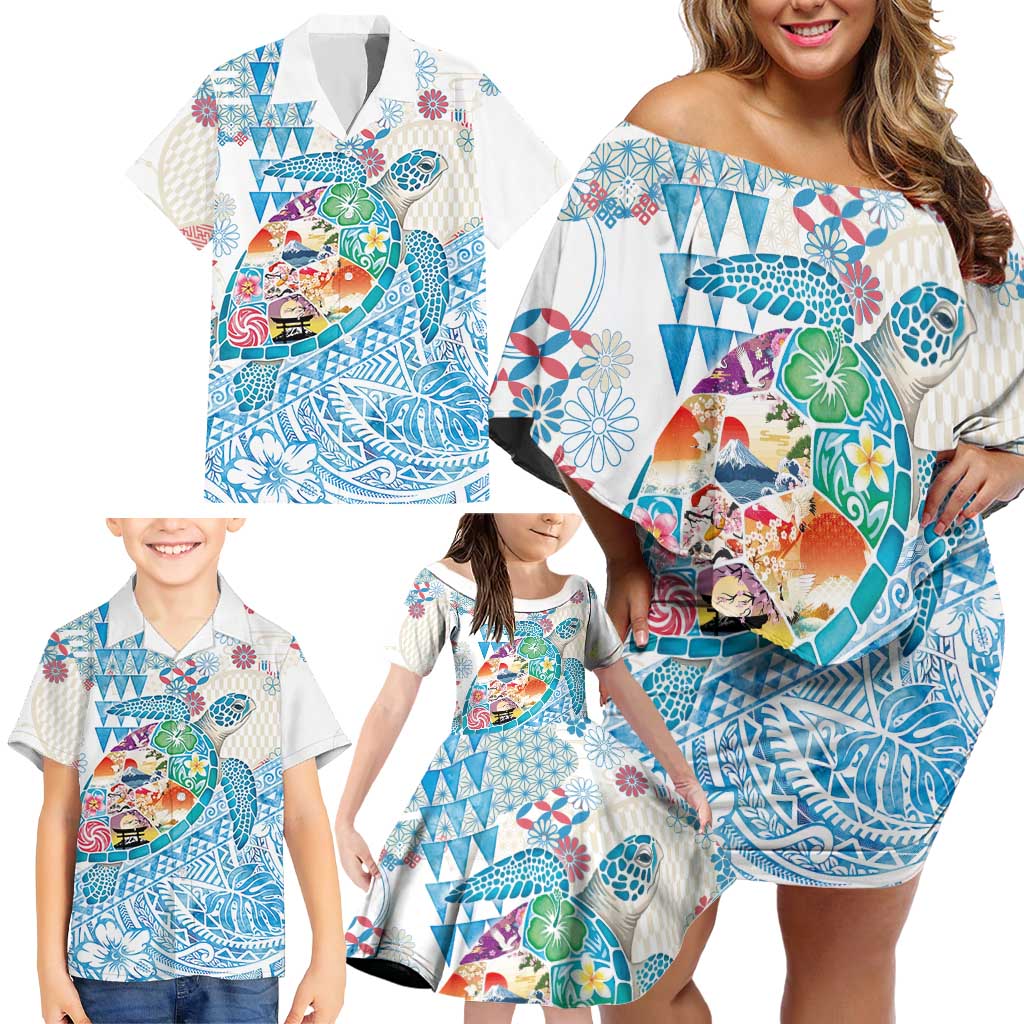 Hawaiian and Japanese Culture Together Family Matching Off Shoulder Short Dress and Hawaiian Shirt Tropical Honu with Japanese Elements Blue Color LT03 - Polynesian Pride