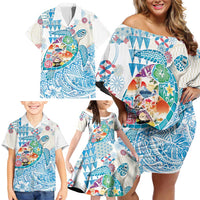 Hawaiian and Japanese Culture Together Family Matching Off Shoulder Short Dress and Hawaiian Shirt Tropical Honu with Japanese Elements Blue Color LT03 - Polynesian Pride