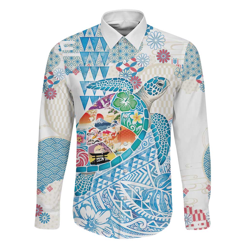 Hawaiian and Japanese Culture Together Family Matching Off Shoulder Short Dress and Hawaiian Shirt Tropical Honu with Japanese Elements Blue Color LT03 Dad's Shirt - Long Sleeve Blue - Polynesian Pride