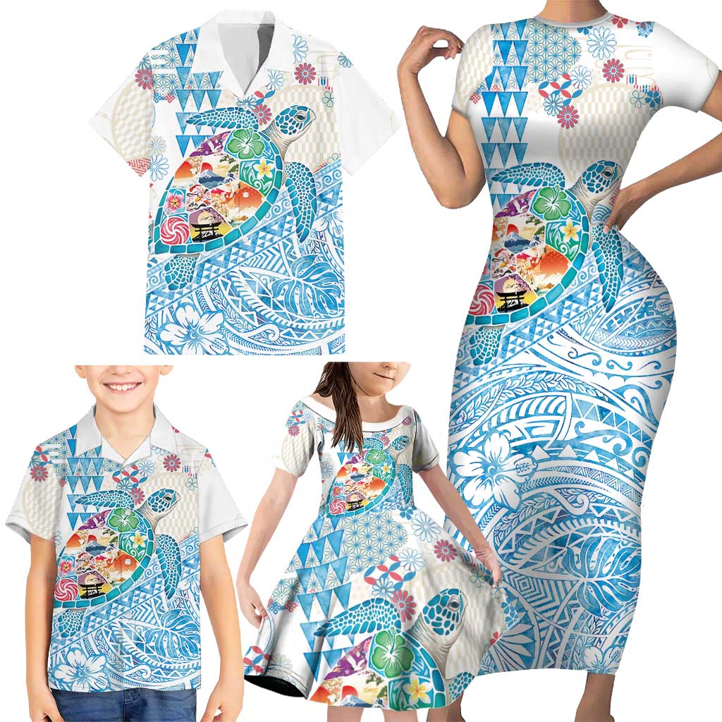 Hawaiian and Japanese Culture Together Family Matching Short Sleeve Bodycon Dress and Hawaiian Shirt Tropical Honu with Japanese Elements Blue Color LT03 - Polynesian Pride