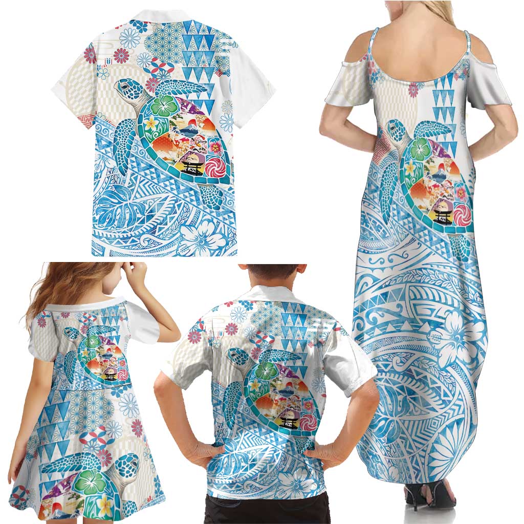 Hawaiian and Japanese Culture Together Family Matching Summer Maxi Dress and Hawaiian Shirt Tropical Honu with Japanese Elements Blue Color LT03 - Polynesian Pride