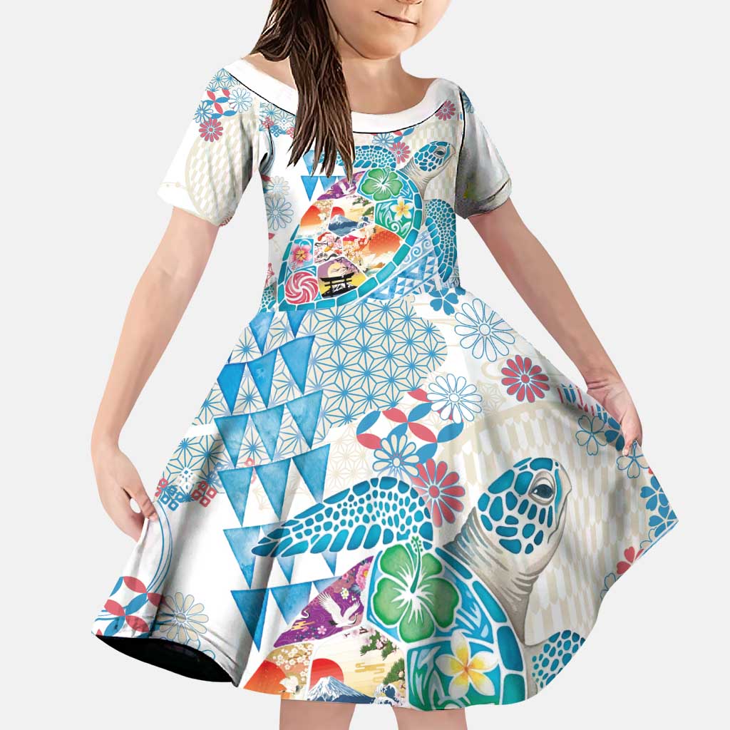Hawaiian and Japanese Culture Together Family Matching Tank Maxi Dress and Hawaiian Shirt Tropical Honu with Japanese Elements Blue Color LT03 Daughter's Dress Blue - Polynesian Pride