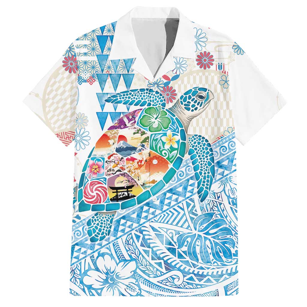 Hawaiian and Japanese Culture Together Hawaiian Shirt Tropical Honu with Japanese Elements Blue Color
