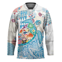 Hawaiian and Japanese Culture Together Hockey Jersey Tropical Honu with Japanese Elements Blue Color