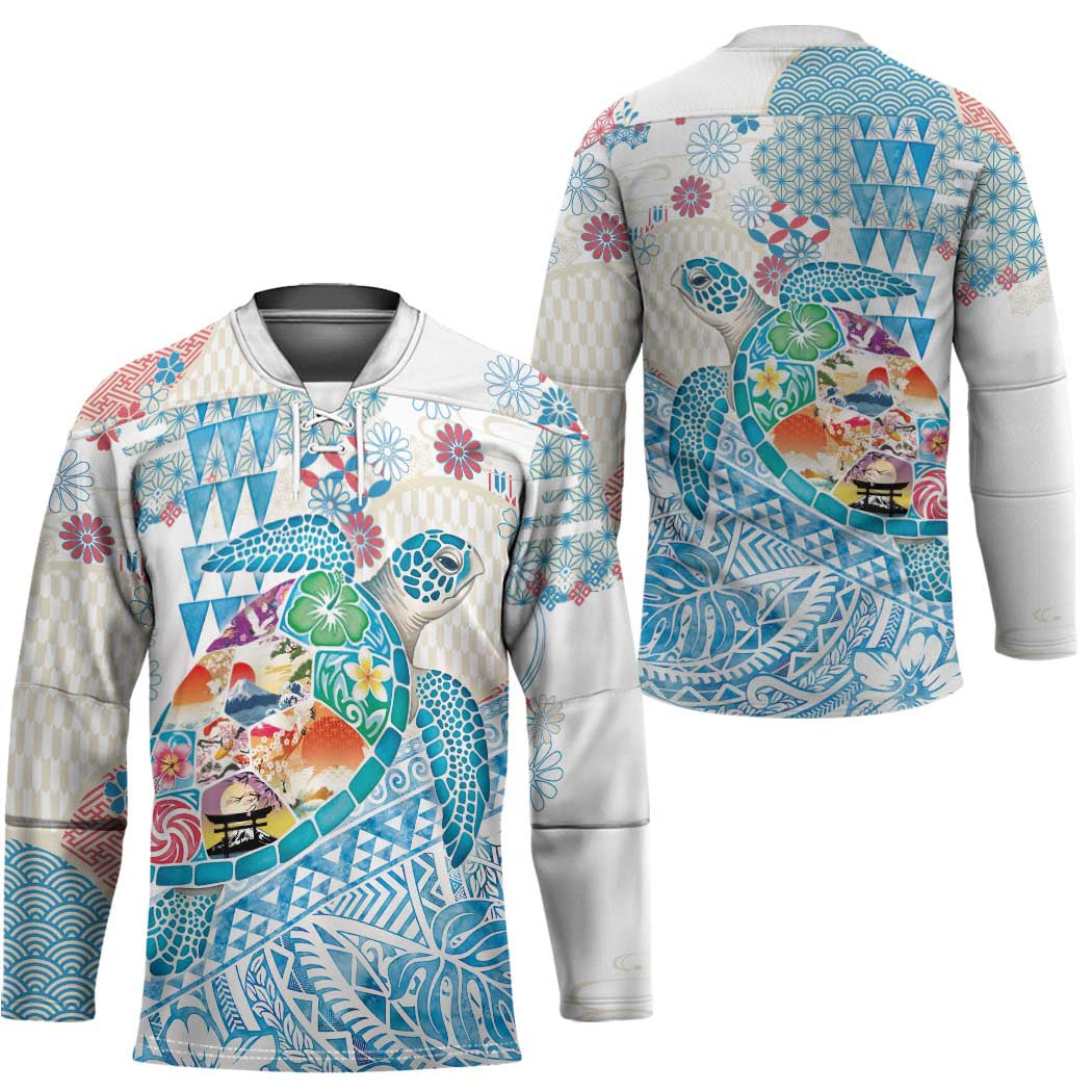 Hawaiian and Japanese Culture Together Hockey Jersey Tropical Honu with Japanese Elements Blue Color