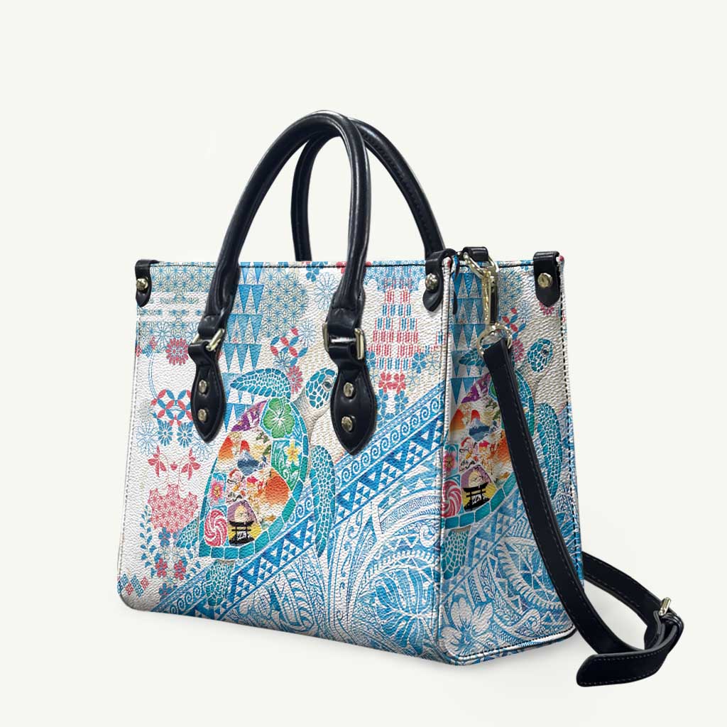 Hawaiian and Japanese Culture Together Leather Bag Tropical Honu with Japanese Elements Blue Color