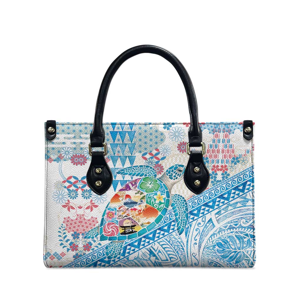 Hawaiian and Japanese Culture Together Leather Bag Tropical Honu with Japanese Elements Blue Color