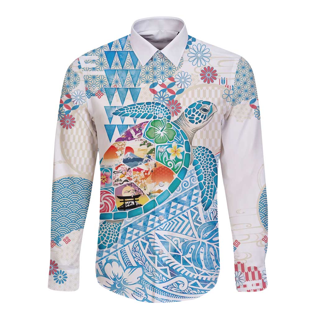 Hawaiian and Japanese Culture Together Long Sleeve Button Shirt Tropical Honu with Japanese Elements Blue Color