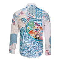 Hawaiian and Japanese Culture Together Long Sleeve Button Shirt Tropical Honu with Japanese Elements Blue Color
