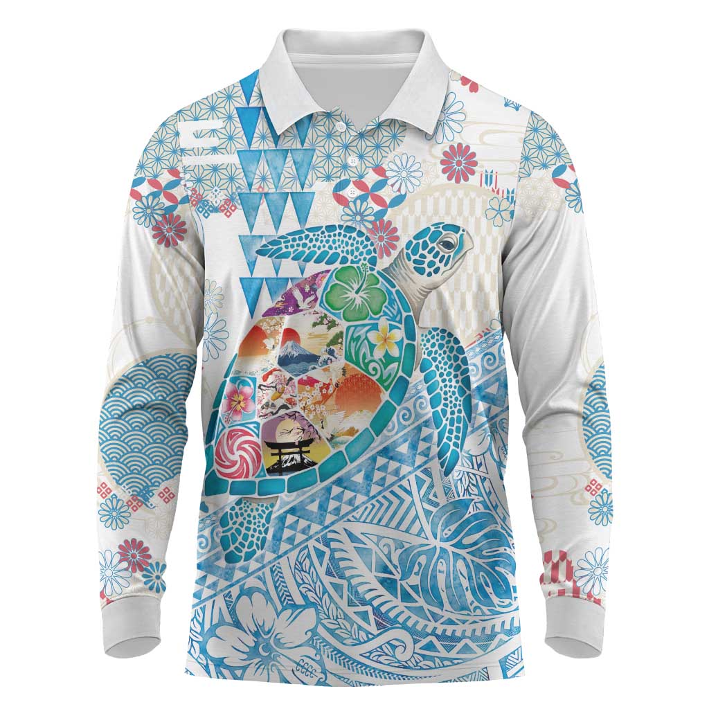 Hawaiian and Japanese Culture Together Long Sleeve Polo Shirt Tropical Honu with Japanese Elements Blue Color LT03 Blue - Polynesian Pride