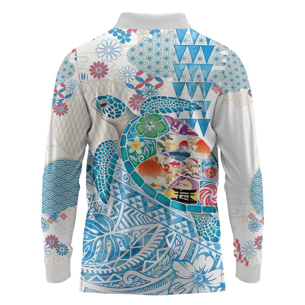 Hawaiian and Japanese Culture Together Long Sleeve Polo Shirt Tropical Honu with Japanese Elements Blue Color LT03 - Polynesian Pride