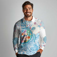Hawaiian and Japanese Culture Together Long Sleeve Polo Shirt Tropical Honu with Japanese Elements Blue Color LT03 - Polynesian Pride
