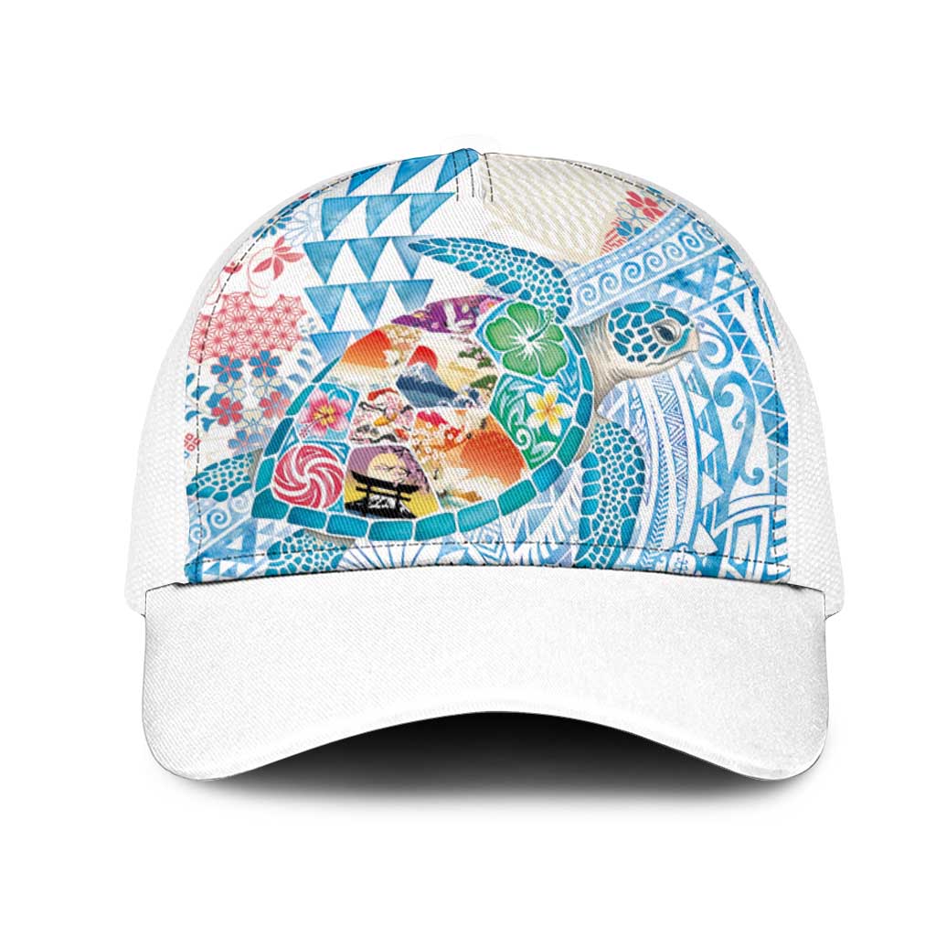 Hawaiian and Japanese Culture Together Mesh Trucker Cap Tropical Honu with Japanese Elements Blue Color