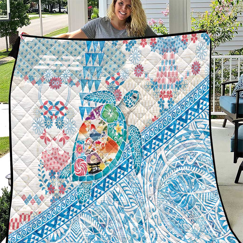 Hawaiian and Japanese Culture Together Quilt Tropical Honu with Japanese Elements Blue Color