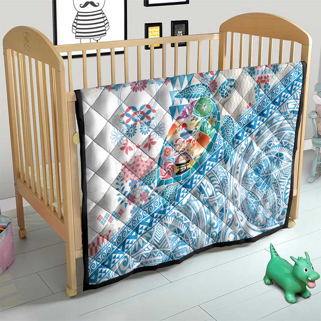Hawaiian and Japanese Culture Together Quilt Tropical Honu with Japanese Elements Blue Color