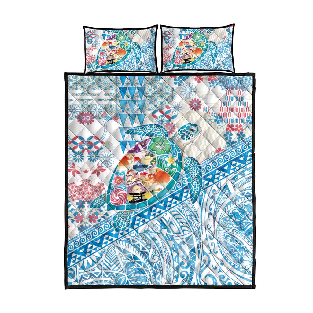 Hawaiian and Japanese Culture Together Quilt Bed Set Tropical Honu with Japanese Elements Blue Color