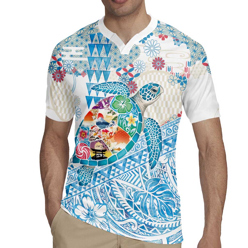 Hawaiian and Japanese Culture Together Rugby Jersey Tropical Honu with Japanese Elements Blue Color