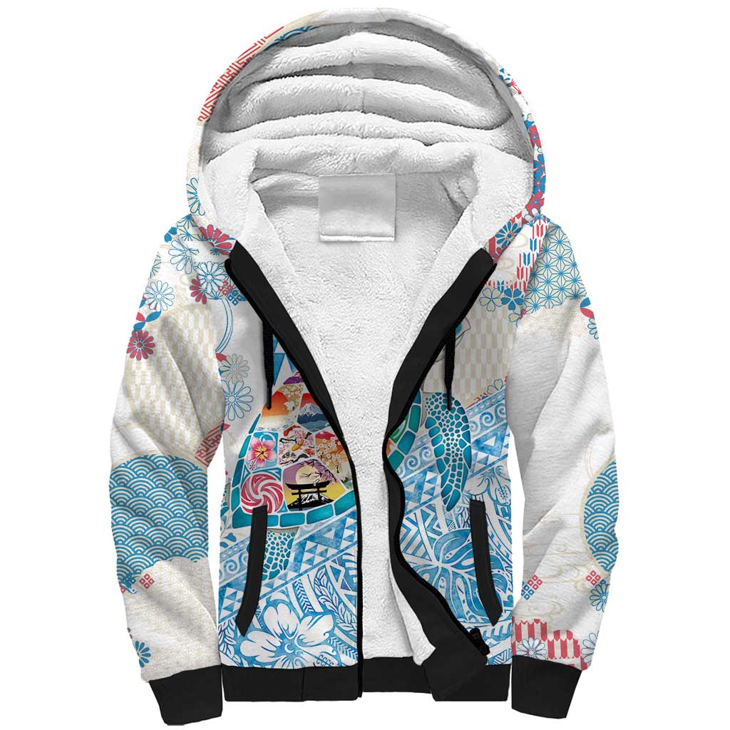Hawaiian and Japanese Culture Together Sherpa Hoodie Tropical Honu with Japanese Elements Blue Color LT03 Unisex Blue - Polynesian Pride