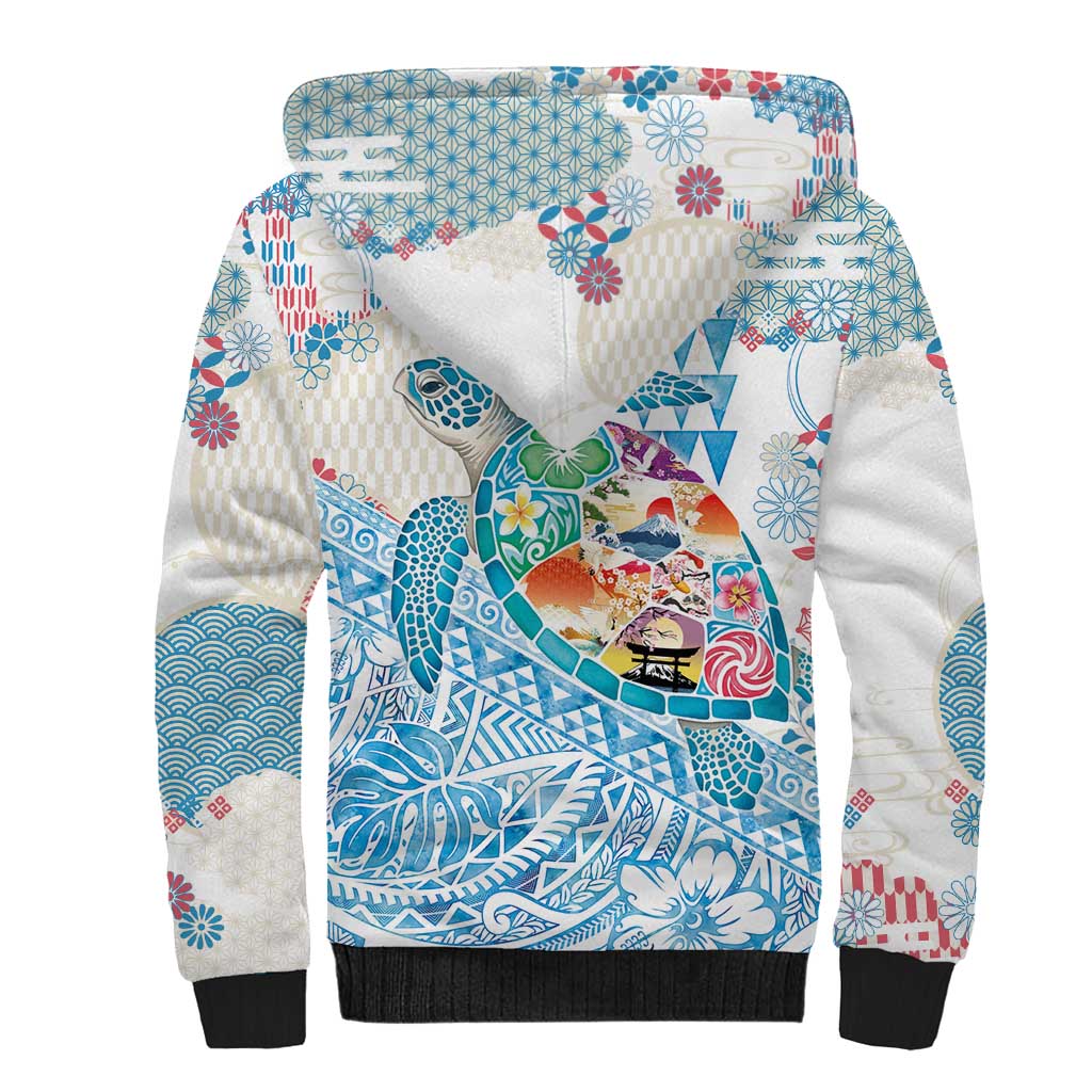 Hawaiian and Japanese Culture Together Sherpa Hoodie Tropical Honu with Japanese Elements Blue Color LT03 - Polynesian Pride
