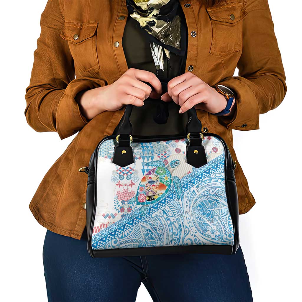 Hawaiian and Japanese Culture Together Shoulder Handbag Tropical Honu with Japanese Elements Blue Color