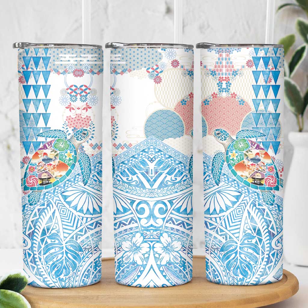 Hawaiian and Japanese Culture Together Skinny Tumbler Tropical Honu with Japanese Elements Blue Color LT03 - Polynesian Pride