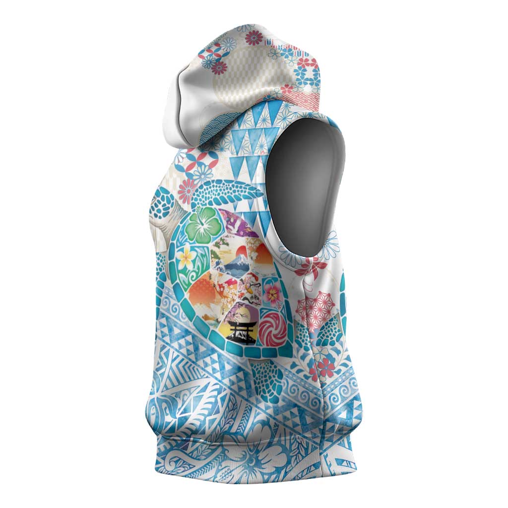Hawaiian and Japanese Culture Together Sleeveless Hoodie Tropical Honu with Japanese Elements Blue Color LT03 - Polynesian Pride