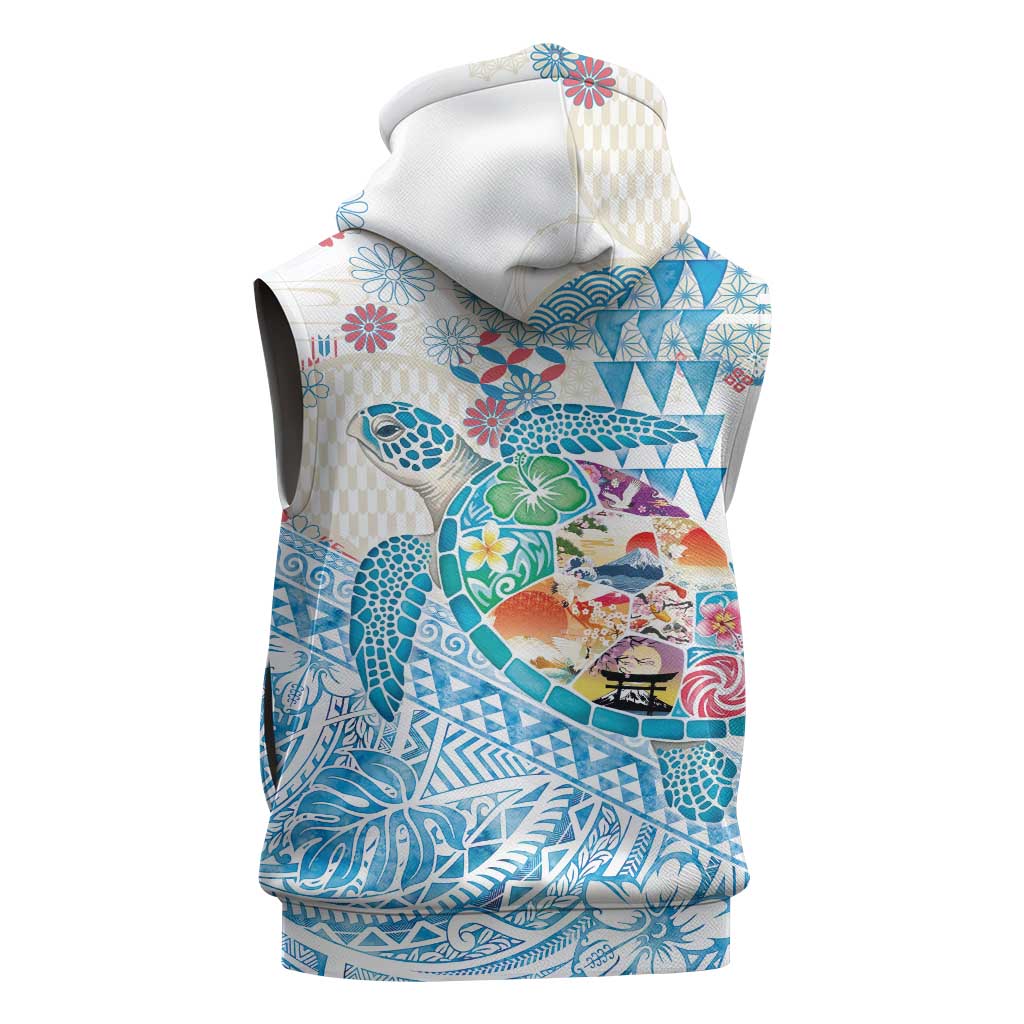 Hawaiian and Japanese Culture Together Sleeveless Zip Hoodie Tropical Honu with Japanese Elements Blue Color LT03 - Polynesian Pride