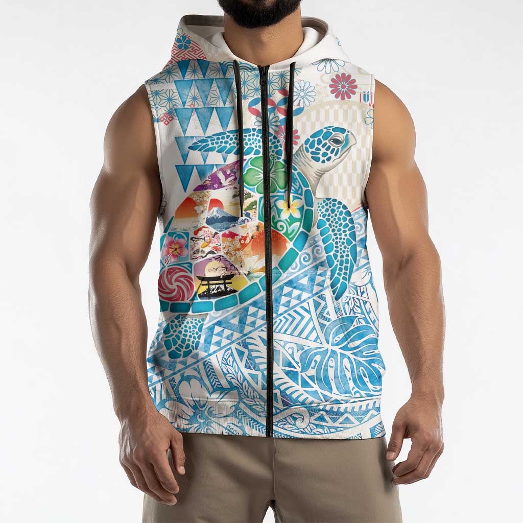 Hawaiian and Japanese Culture Together Sleeveless Zip Hoodie Tropical Honu with Japanese Elements Blue Color LT03 - Polynesian Pride