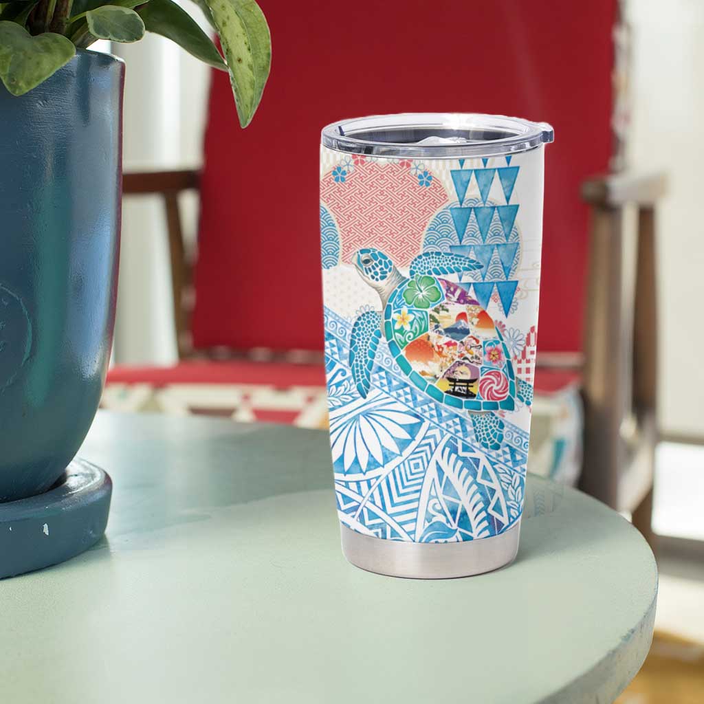 Hawaiian and Japanese Culture Together Tumbler Cup Tropical Honu with Japanese Elements Blue Color