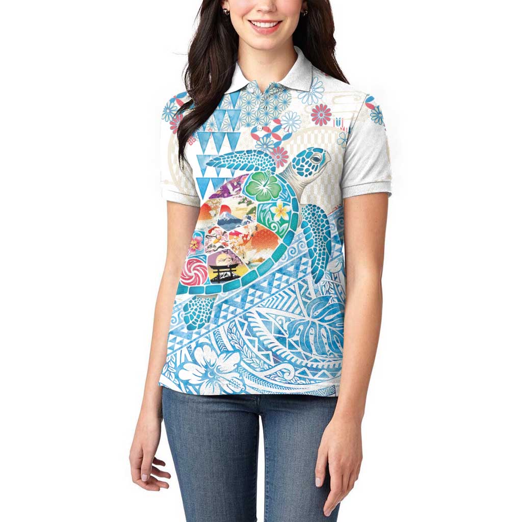 Hawaiian and Japanese Culture Together Women Polo Shirt Tropical Honu with Japanese Elements Blue Color LT03 - Polynesian Pride