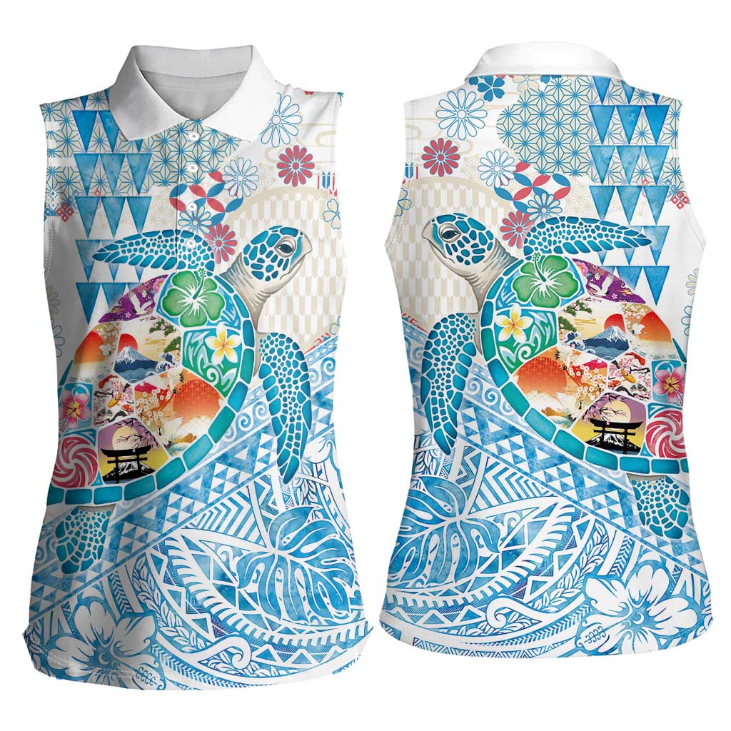 Hawaiian and Japanese Culture Together Women Sleeveless Polo Shirt Tropical Honu with Japanese Elements Blue Color LT03 - Polynesian Pride
