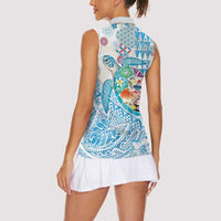 Hawaiian and Japanese Culture Together Women Sleeveless Polo Shirt Tropical Honu with Japanese Elements Blue Color LT03 - Polynesian Pride