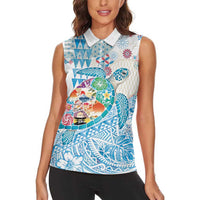 Hawaiian and Japanese Culture Together Women Sleeveless Polo Shirt Tropical Honu with Japanese Elements Blue Color LT03 - Polynesian Pride