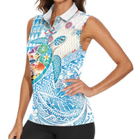 Hawaiian and Japanese Culture Together Women Sleeveless Polo Shirt Tropical Honu with Japanese Elements Blue Color LT03 - Polynesian Pride