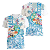 Hawaiian and Japanese Culture Together Women V-Neck T-Shirt Tropical Honu with Japanese Elements Blue Color LT03 - Polynesian Pride