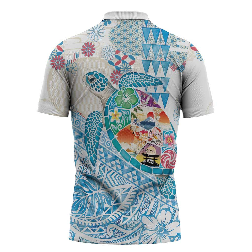 Hawaiian and Japanese Culture Together Zipper Polo Shirt Tropical Honu with Japanese Elements Blue Color LT03 - Polynesian Pride