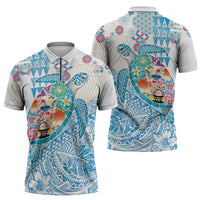 Hawaiian and Japanese Culture Together Zipper Polo Shirt Tropical Honu with Japanese Elements Blue Color LT03 - Polynesian Pride