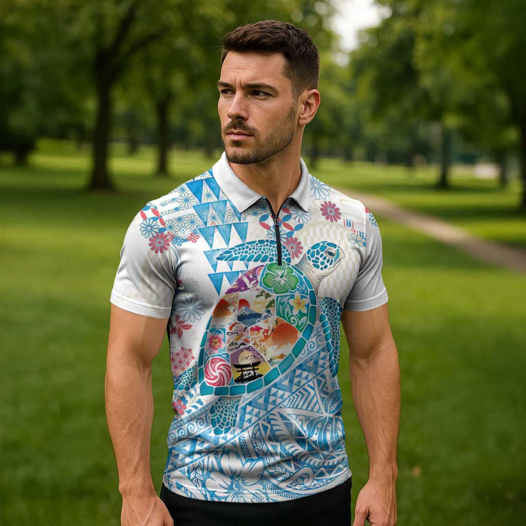 Hawaiian and Japanese Culture Together Zipper Polo Shirt Tropical Honu with Japanese Elements Blue Color LT03 - Polynesian Pride