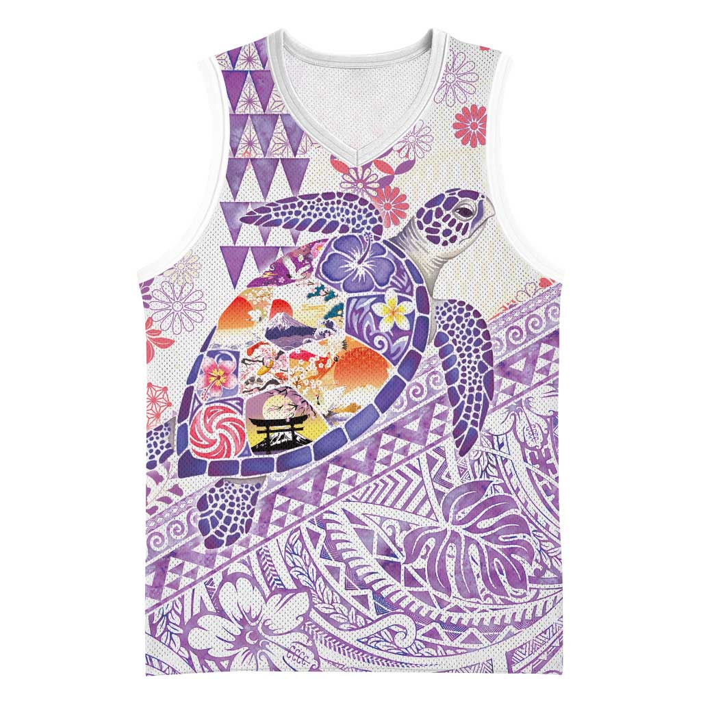 Hawaiian and Japanese Culture Together Basketball Jersey Tropical Honu with Japanese Elements Purple Color LT03 Unisex Purple - Polynesian Pride