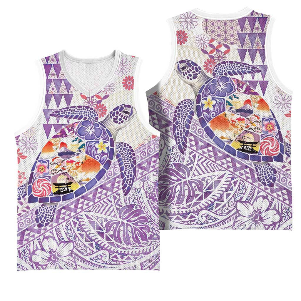 Hawaiian and Japanese Culture Together Basketball Jersey Tropical Honu with Japanese Elements Purple Color LT03 - Polynesian Pride