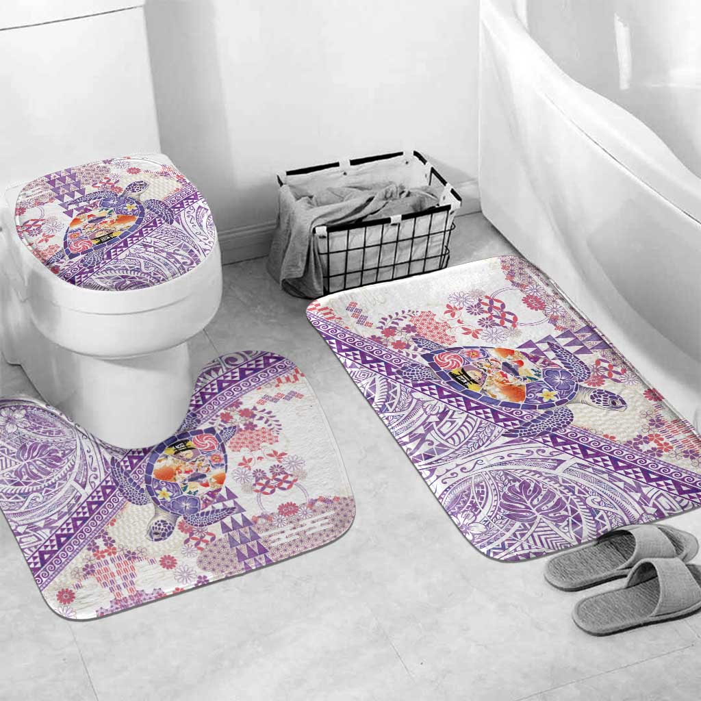 Hawaiian and Japanese Culture Together Bathroom Set Tropical Honu with Japanese Elements Purple Color
